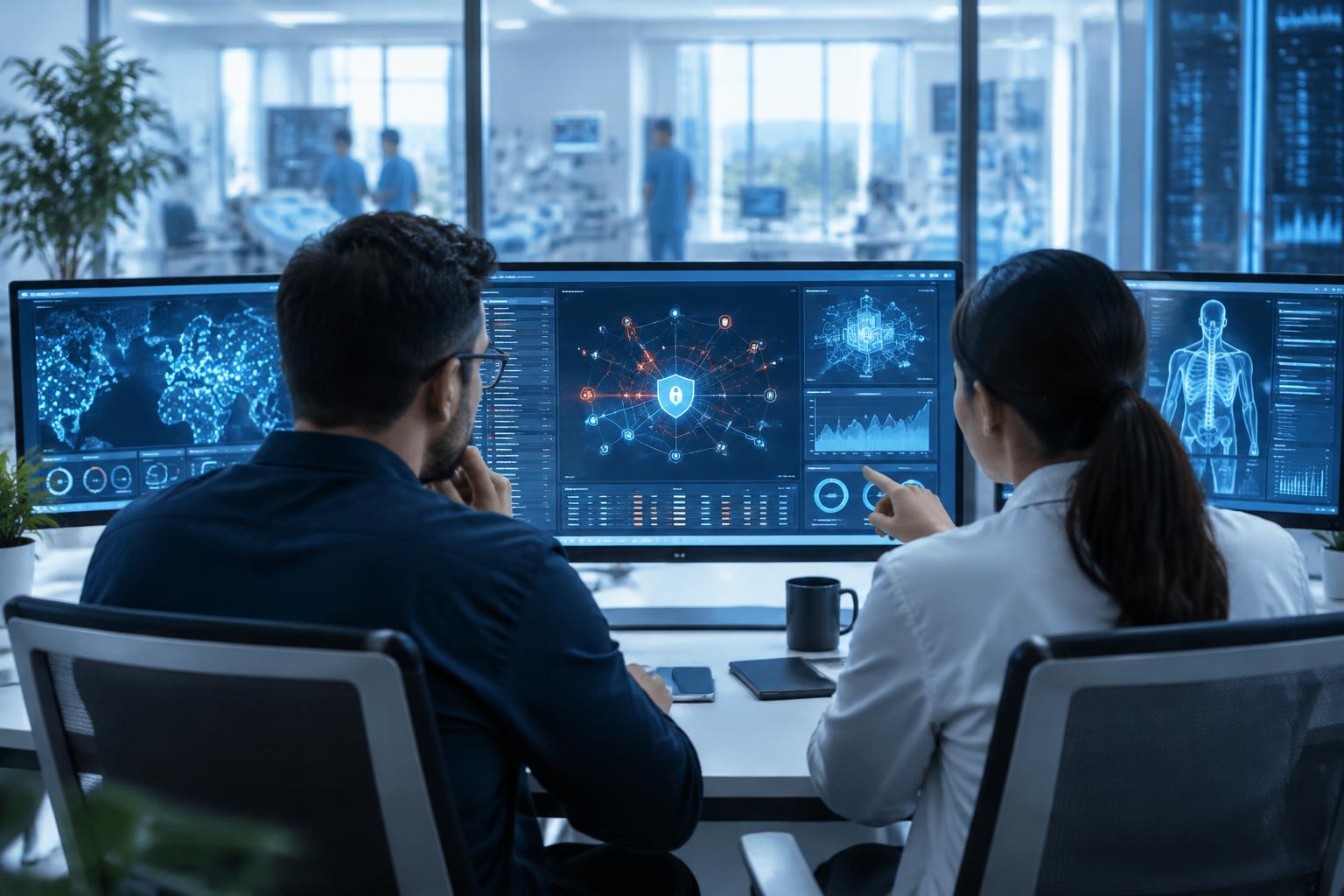Security specialists reviewing healthcare network risk intelligence